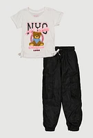 Little Girls Glitter NYC Teddy Bear Graphic Top and Cargo Joggers, Multi, Size 5-6