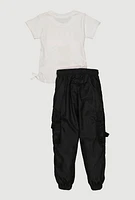 Little Girls Glitter NYC Teddy Bear Graphic Top and Cargo Joggers, Multi, Size 5-6