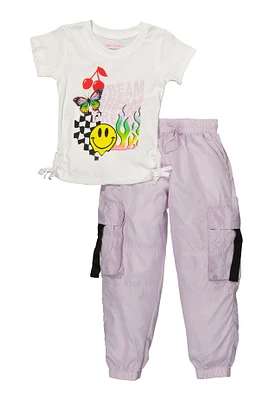 Little Girls Dream Graphic Top and Nylon Cargo Joggers, Purple, Size 6X