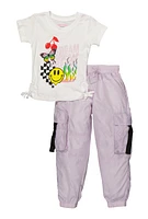 Little Girls Dream Graphic Top and Nylon Cargo Joggers, Purple, Size 6X