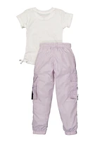 Little Girls Dream Graphic Top and Nylon Cargo Joggers, Purple, Size 6X