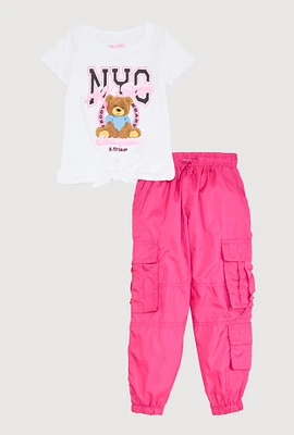 Little Girls Glitter NYC Teddy Bear Graphic Top and Joggers, Pink, Size 6X