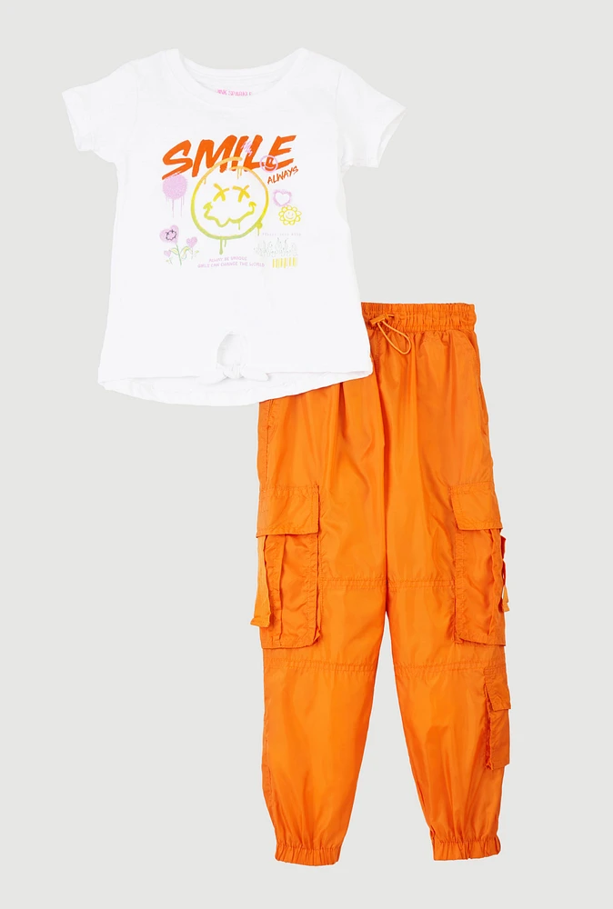 Little Girls Smiley Glitter Graphic Top and Cargo Joggers, Orange, Size 4