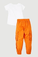 Little Girls Smiley Glitter Graphic Top and Cargo Joggers, Orange, Size 4