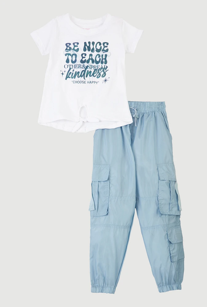 Little Girls Glitter Choose Happy Tie Front Top and Joggers, Blue, Size 4