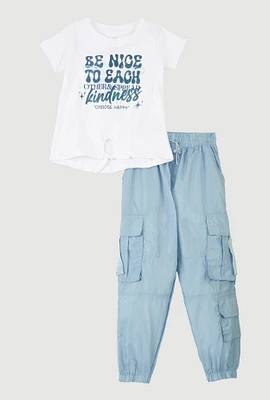 Little Girls Glitter Choose Happy Tie Front Top and Joggers, Blue, Size 4