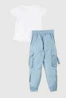 Little Girls Glitter Choose Happy Tie Front Top and Joggers, Blue, Size 4