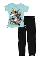 Little Girls Girl Squad Tee and Cargo Sweatpants, Blue, Size 4