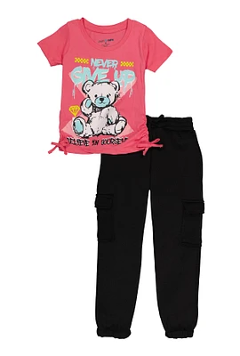 Little Girls Never Give Up Tee and Cargo Sweatpants, Pink, Size 4