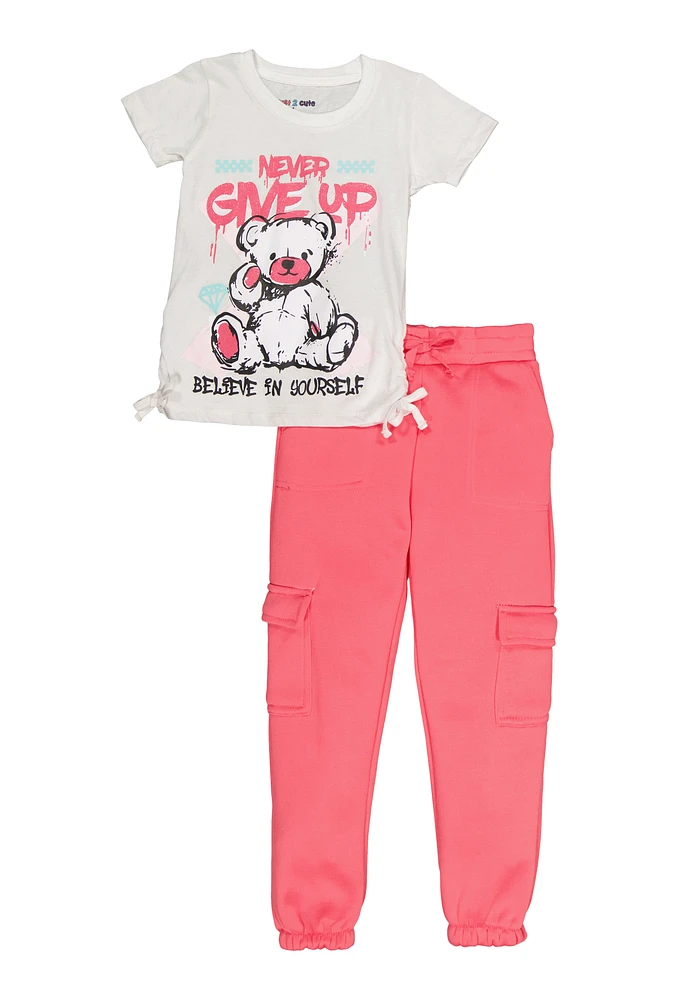 Little Girls Never Give Up Tee and Cargo Sweatpants, Pink, Size 5-6