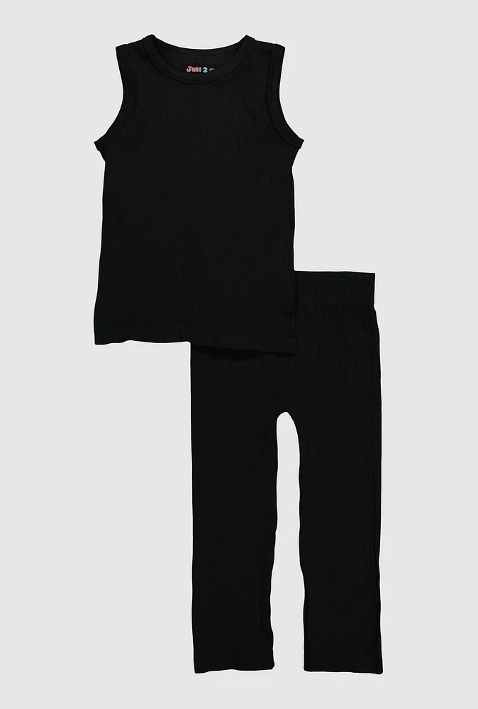 Little Girls Ribbed Knit Seamless Tank Top and Leggings 2 Piece Set, Black, Size 5-6