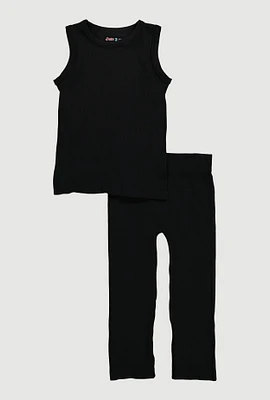 Little Girls Ribbed Knit Seamless Tank Top and Leggings 2 Piece Set, Black, Size 5-6