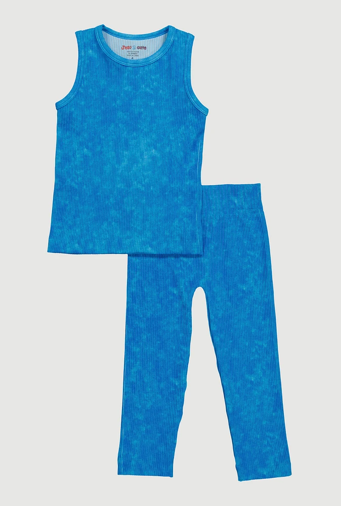 Little Girls Mineral Wash Seamless Tank Top and Leggings Set, Blue, Size 6X