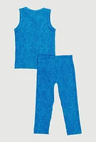 Little Girls Mineral Wash Seamless Tank Top and Leggings Set, Blue, Size 6X