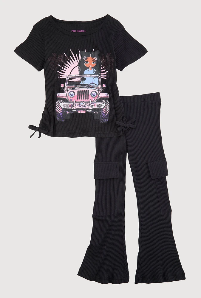 Little Girls Ribbed Knit Graphic Tee and Cargo Flared Pants, Black, Size 6X