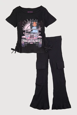 Little Girls Ribbed Knit Graphic Tee and Cargo Flared Pants, Black, Size 4