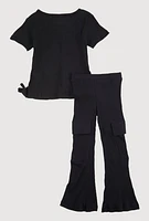 Little Girls Ribbed Knit Graphic Tee and Cargo Flared Pants, Black, Size 4