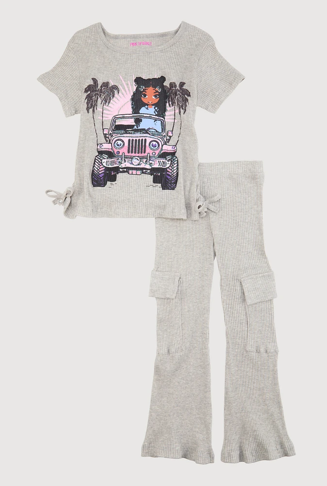 Little Girls Ribbed Knit Graphic Tee and Cargo Flared Pants, Grey, Size 5-6