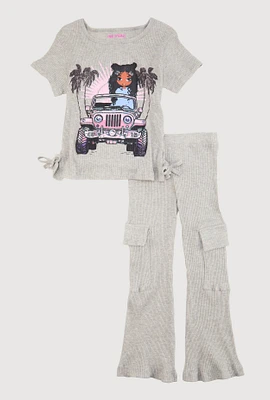 Little Girls Ribbed Knit Graphic Tee and Cargo Flared Pants, Grey, Size 5-6