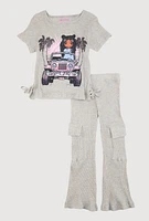 Little Girls Ribbed Knit Graphic Tee and Cargo Flared Pants, Grey, Size 5-6