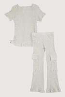 Little Girls Ribbed Knit Graphic Tee and Cargo Flared Pants, Grey, Size 5-6