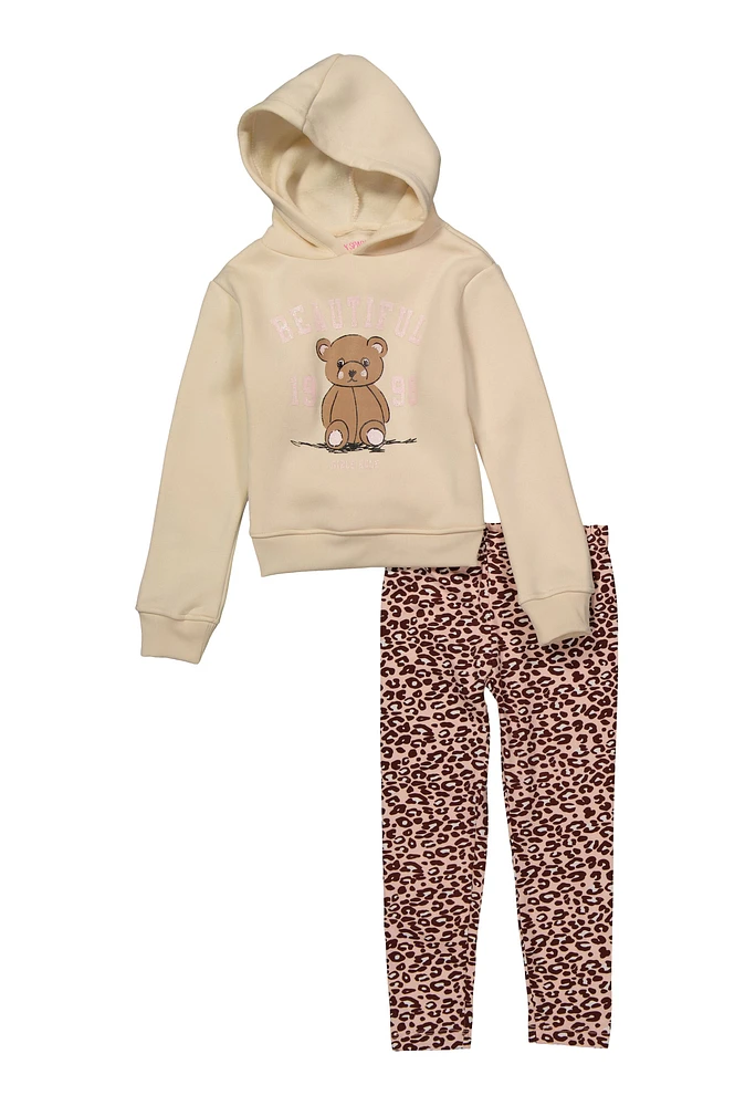 Little Girls Beautiful 1998 Bear Hoodie and Leggings, Brown, Size 4