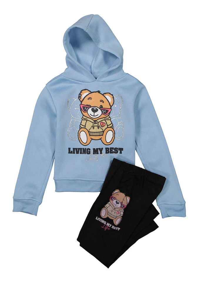 Little Girls Living My Best Life Hoodie and Leggings, Blue, Size 4