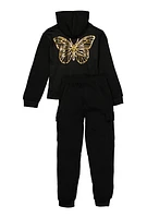 Girls Foil Butterfly Sweatshirt and Cargo Joggers, Black,