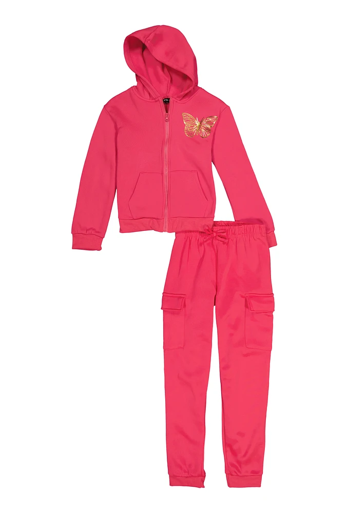 Girls Foil Butterfly Sweatshirt and Cargo Joggers, Pink, Size 14-16