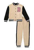 Girls Boss Bear Rhinestone Detail Varsity Jacket and Joggers, Beige, Size 10-12