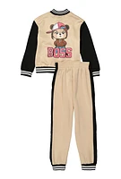 Girls Boss Bear Rhinestone Detail Varsity Jacket and Joggers, Beige, Size 10-12