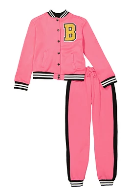 Girls Boss Bear Rhinestone Detail Varsity Jacket and Joggers, Pink, Size 14-16