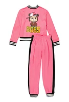 Girls Boss Bear Rhinestone Detail Varsity Jacket and Joggers, Pink, Size 14-16