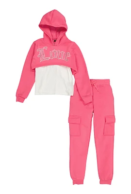 Girls Rhinestone Love Hoodie with Tank Top and Joggers, Pink, Size 10-12