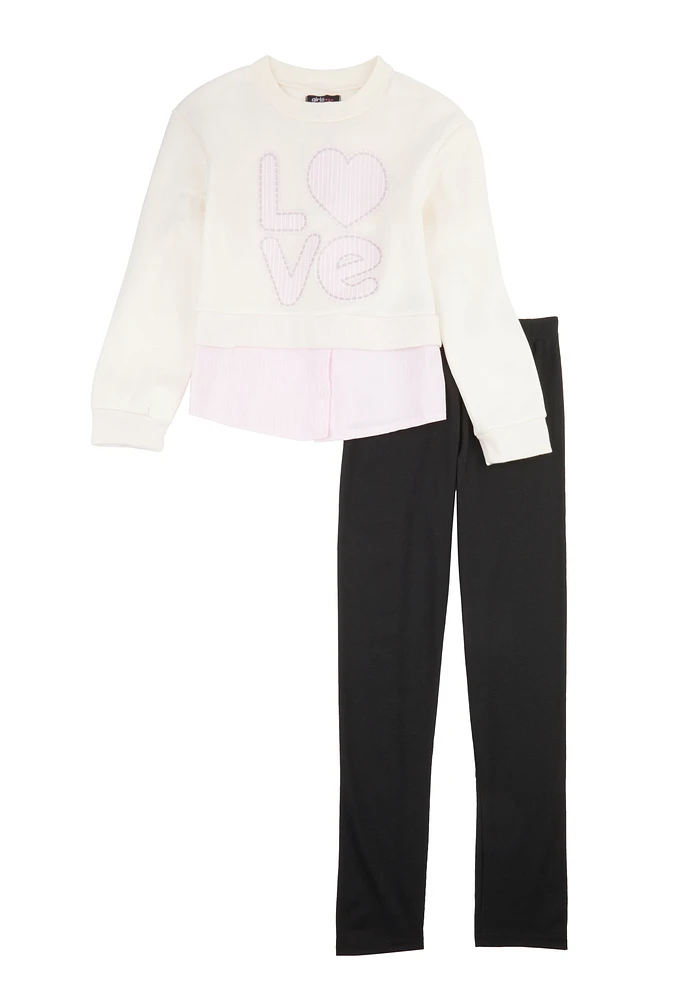 Girls Love Striped Hem Crew Neck Top and Leggings, Pink, Size 10-12