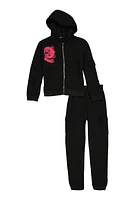 Girls Bear Chenille Patch Zip Up Hoodie and Cargo Joggers, Black, Size 7-8