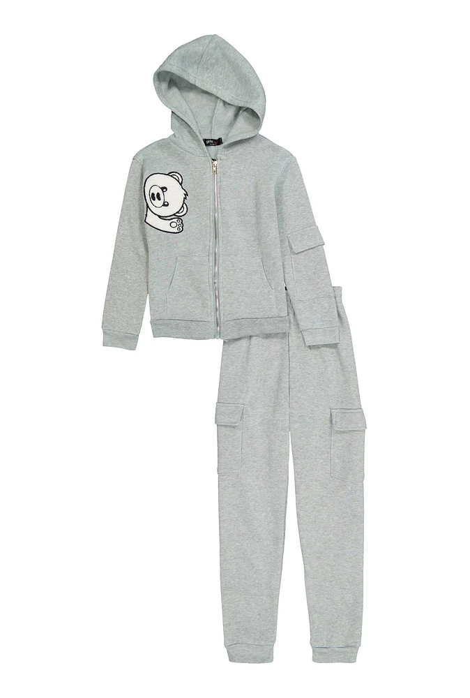 Girls Bear Chenille Patch Zip Up Hoodie and Cargo Joggers, Grey, Size 10-12