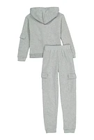 Girls Bear Chenille Patch Zip Up Hoodie and Cargo Joggers, Grey, Size 10-12