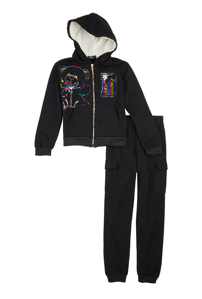 Girls Bear Foil Screen Graphic Zip Front Hoodie and Joggers, Black, Size 10-12