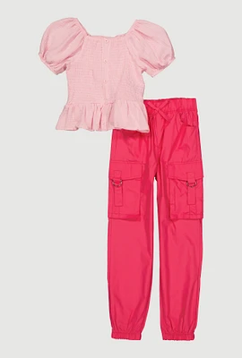 Girls Puff Sleeve Peasant Top and Cargo Joggers, Pink, Size 7-8