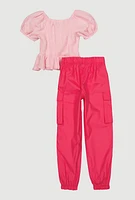 Girls Puff Sleeve Peasant Top and Cargo Joggers, Pink, Size 7-8