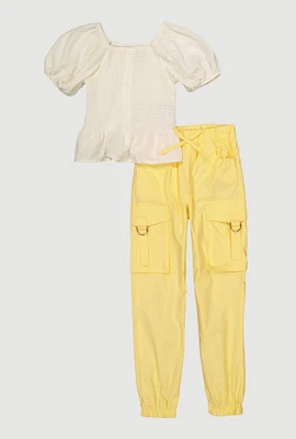Girls Puff Sleeve Peasant Top and Cargo Joggers, Yellow, Size 10-12