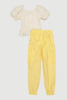 Girls Puff Sleeve Peasant Top and Cargo Joggers, Yellow, Size 10-12