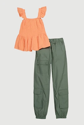 Girls Smocked Peplum Top and Cargo Joggers, Multi, Size 7-8
