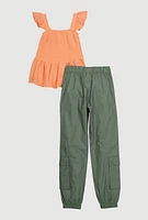 Girls Smocked Peplum Top and Cargo Joggers, Multi, Size 7-8
