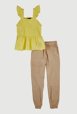 Girls Smocked Peplum Top and Cargo Joggers, Multi, Size 14-16