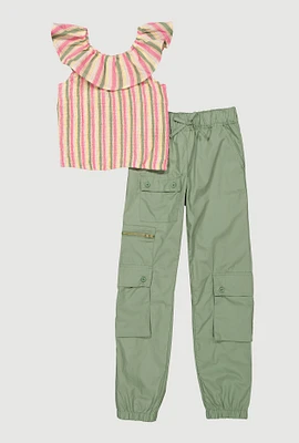 Girls Smocked Striped Top and Cargo Joggers, 10-12