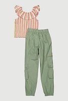 Girls Smocked Striped Top and Cargo Joggers, Multi,