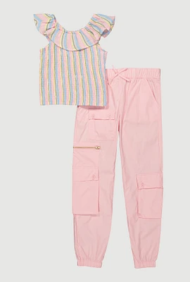 Girls Smocked Striped Top and Cargo Joggers, Pink,