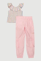 Girls Smocked Striped Top and Cargo Joggers, Pink,